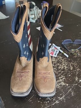 Tan Suede Western Flag-Inspired Pull-On Boots